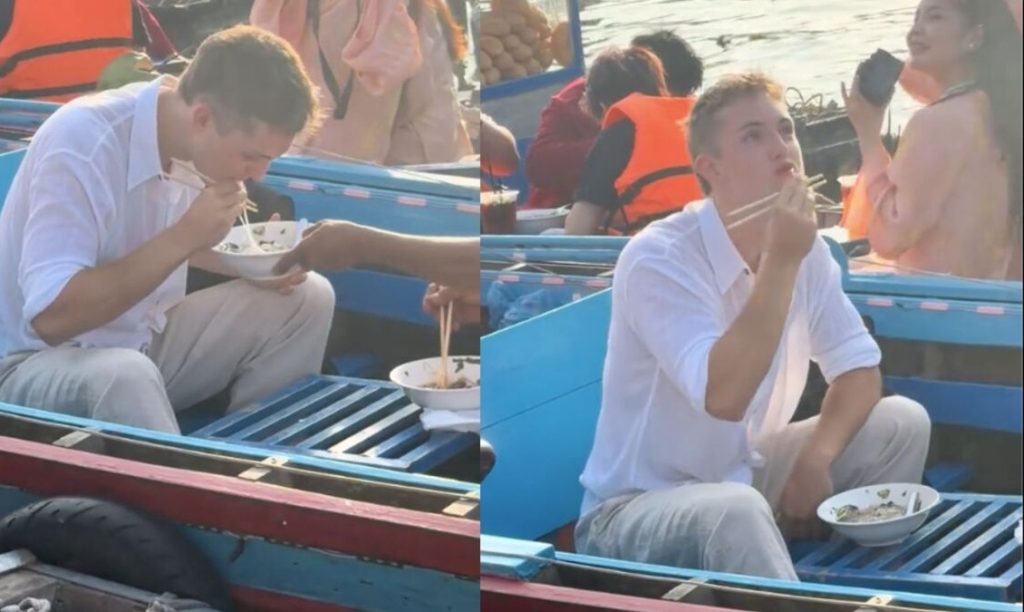Clip chàng Tây đẹp trai lóng ngóng cầm đũa ăn bún ở chợ nổi &amp;apos;gây mê&amp;apos; dân mạng