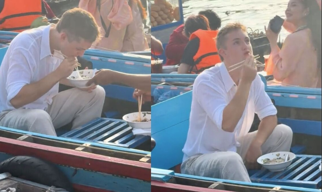 Clip chàng Tây đẹp trai lóng ngóng cầm đũa ăn bún ở chợ nổi &amp;apos;gây mê&amp;apos; dân mạng