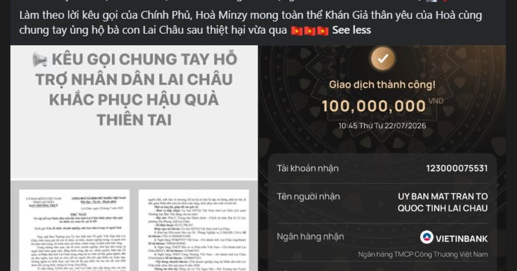 Hòa Minzy chung tay cứu trợ, đóng góp 100 triệu đồng sau thiên tai缩略图 Hòa Minzy chung tay cứu trợ, đóng góp 100 triệu đồng sau thiên tai