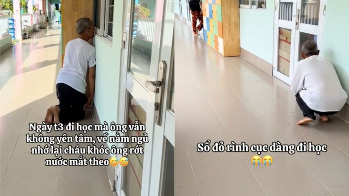 Xúc động clip &amp;apos;cục vàng&amp;apos; đi mẫu giáo đã 3 ngày, ông vẫn dán mắt vào cửa lớp